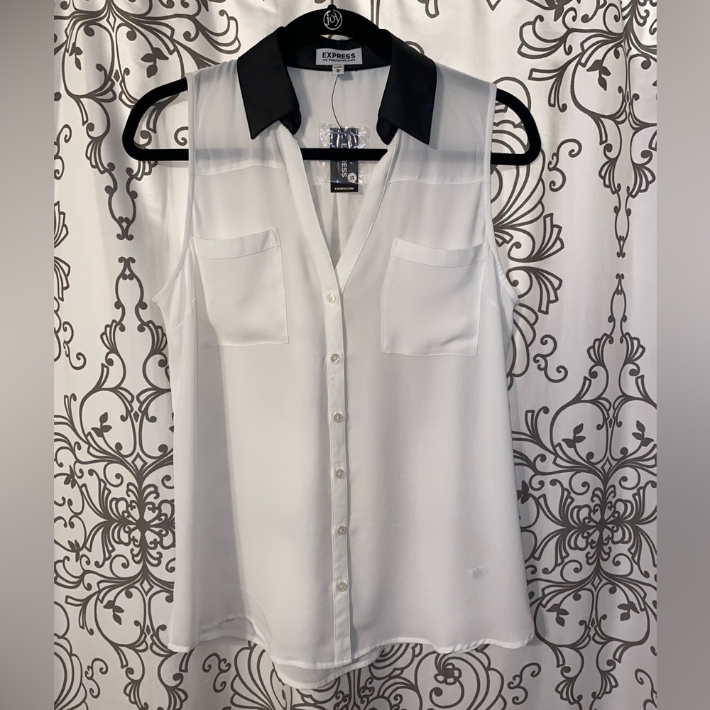 Express White The portfolio button down tank top with black leather collar